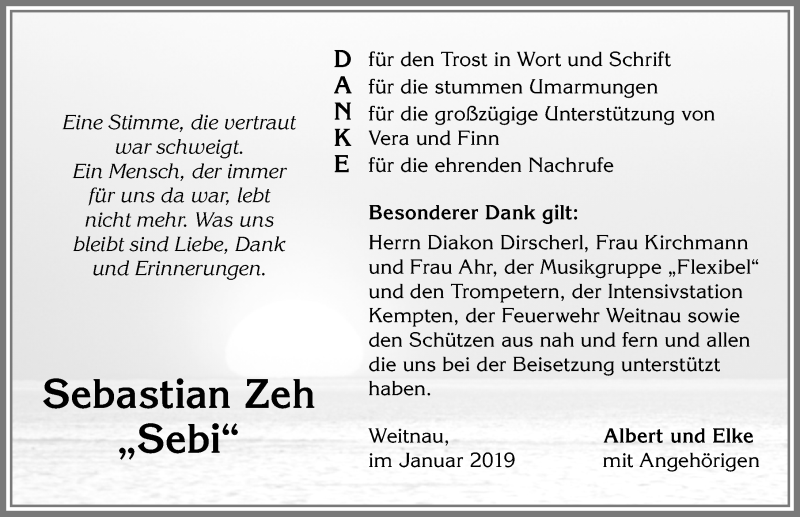  Traueranzeige für Sebastian Zeh vom 18.01.2019 aus Allgäuer Zeitung,Kempten