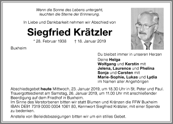 Traueranzeige von Siegfried Krätzler von Memminger Zeitung
