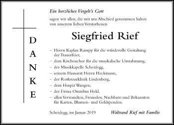 Traueranzeige von Siegfried Rief von Der Westallgäuer