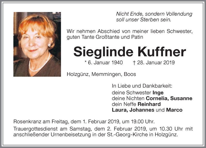  Traueranzeige für Sieglinde Kuffner vom 31.01.2019 aus Memminger Zeitung