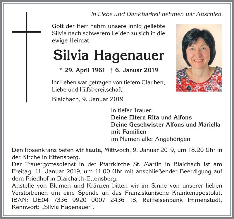  Traueranzeige für Silvia Hagenauer vom 09.01.2019 aus Allgäuer Anzeigeblatt