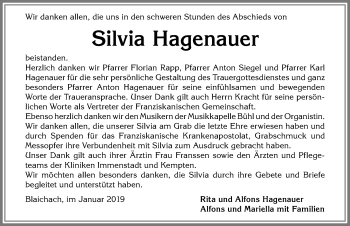 Traueranzeige von Silvia Hagenauer von Allgäuer Anzeigeblatt