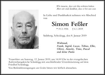 Traueranzeige von Simon Feßler von Der Westallgäuer