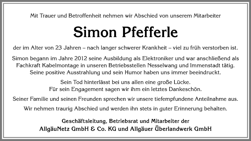  Traueranzeige für Simon Pfefferle vom 18.01.2019 aus Allgäuer Zeitung,Kempten