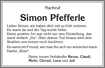 Traueranzeige von Simon Pfefferle von Allgäuer Zeitung,Kempten