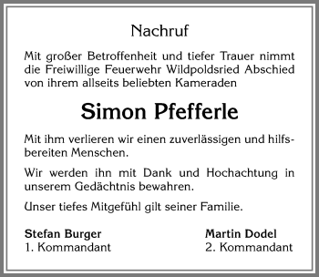 Traueranzeige von Simon Pfefferle von Allgäuer Zeitung,Kempten