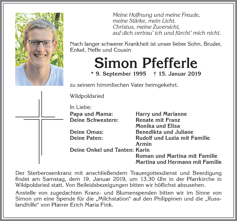  Traueranzeige für Simon Pfefferle vom 17.01.2019 aus Allgäuer Zeitung,Kempten