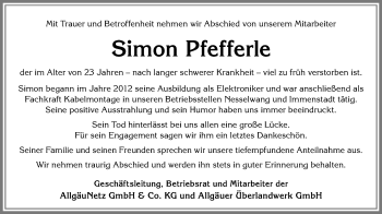 Traueranzeige von Simon Pfefferle von Allgäuer Zeitung,Kempten