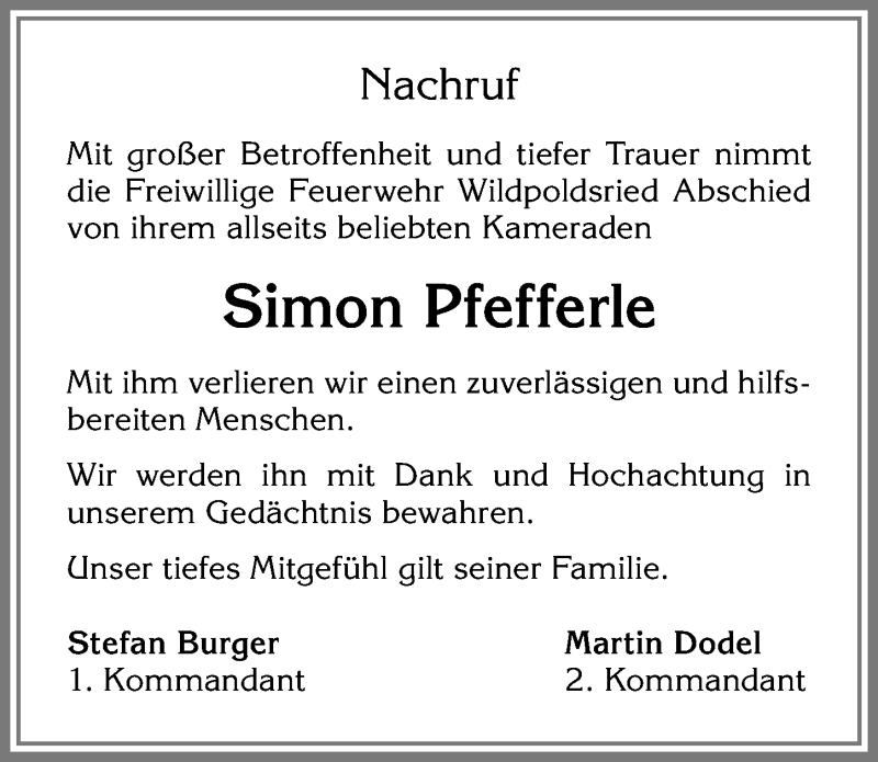  Traueranzeige für Simon Pfefferle vom 18.01.2019 aus Allgäuer Zeitung,Kempten