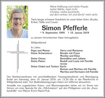 Traueranzeige von Simon Pfefferle von Allgäuer Zeitung,Kempten