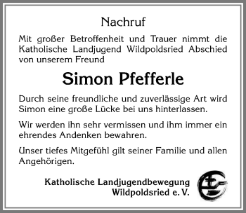 Traueranzeige von Simon Pfefferle von Allgäuer Zeitung,Kempten