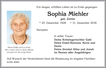 Traueranzeige von Sophia Miehler von Allgäuer Zeitung,Kempten