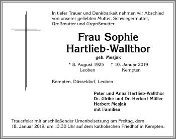 Traueranzeige von Sophie Hartlieb-Wallthor von Allgäuer Zeitung,Kempten