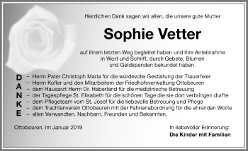 Traueranzeige von Sophie Vetter von Memminger Zeitung