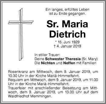 Traueranzeige von Sr. Maria Dietrich von Memminger Zeitung