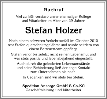 Traueranzeige von Stefan Holzer von Allgäuer Zeitung