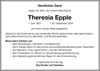 Traueranzeige von Theresia Epple von Memminger Zeitung
