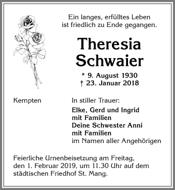 Traueranzeige von Theresia Schwaier von Allgäuer Zeitung,Kempten