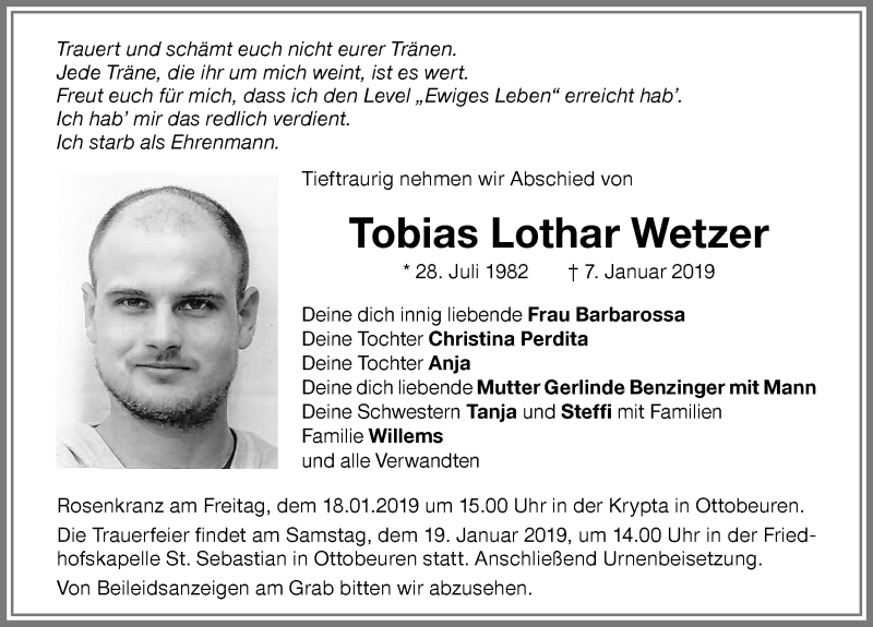  Traueranzeige für Tobias Lothar Wetzer vom 17.01.2019 aus Memminger Zeitung