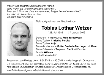 Traueranzeige von Tobias Lothar Wetzer von Memminger Zeitung