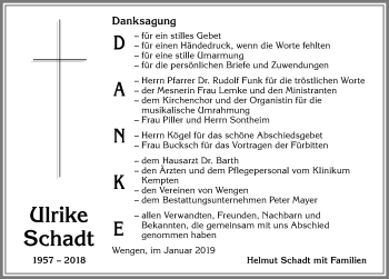 Traueranzeige von Ulrike Schadt von Allgäuer Zeitung,Kempten
