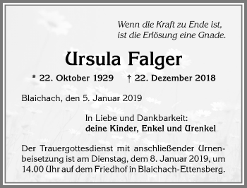 Traueranzeige von Ursula Falger von Allgäuer Anzeigeblatt