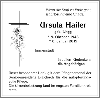 Traueranzeige von Ursula Hailer von Allgäuer Anzeigeblatt