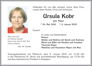 Traueranzeige von Ursula Kobr von Allgäuer Anzeigeblatt