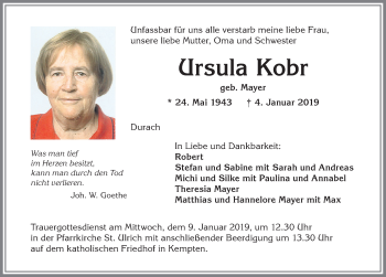 Traueranzeige von Ursula Kobr von Allgäuer Zeitung