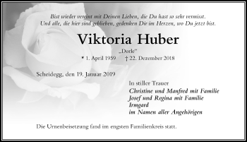 Traueranzeige von Viktoria Huber von Der Westallgäuer