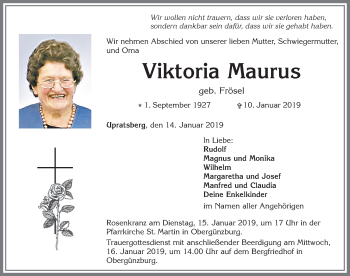 Traueranzeige von Viktoria Maurus von Allgäuer Zeitung, Marktoberdorf