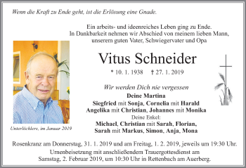 Traueranzeige von Vitus Schneider von Allgäuer Zeitung