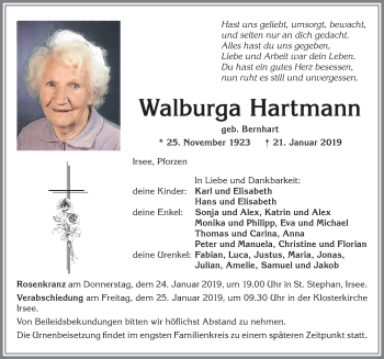 Traueranzeige von Walburga Hartmann von Allgäuer Zeitung, Kaufbeuren/Buchloe