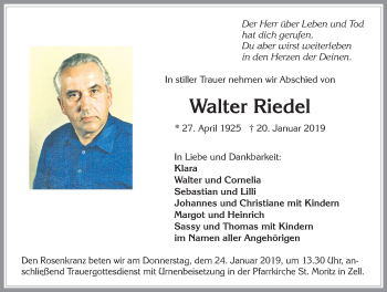 Traueranzeige von Walter Riedel von Allgäuer Zeitung, Füssen