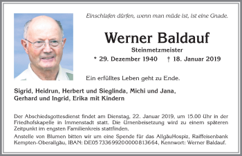 Traueranzeige von Werner Baldauf von Allgäuer Anzeigeblatt