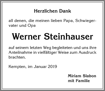 Traueranzeige von Werner Steinhauser von Allgäuer Zeitung,Kempten