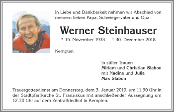 Traueranzeige von Werner Steinhauser von Allgäuer Zeitung,Kempten