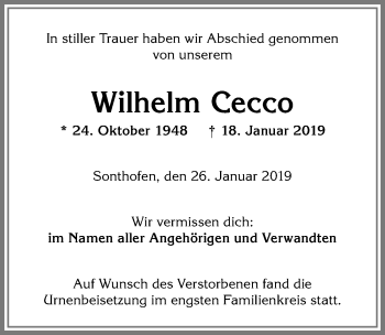 Traueranzeige von Wilhelm Cecco von Allgäuer Anzeigeblatt