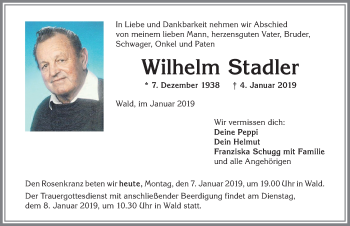 Traueranzeige von Wilhelm Stadler von Allgäuer Zeitung, Marktoberdorf