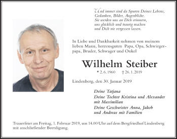 Traueranzeige von Wilhelm Steiber von Der Westallgäuer