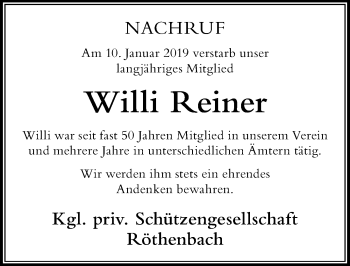 Traueranzeige von Willi Reiner von Der Westallgäuer
