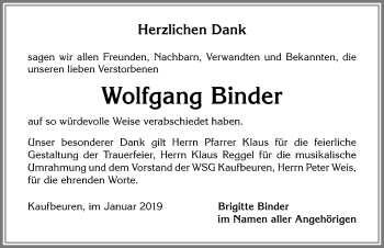 Traueranzeige von Wolfgang Binder von Allgäuer Zeitung, Kaufbeuren/Buchloe