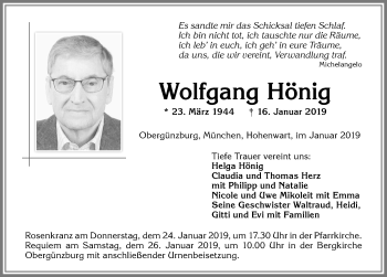 Traueranzeige von Wolfgang Hönig von Allgäuer Zeitung