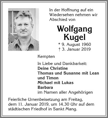 Traueranzeige von Wolfgang Kugel von Allgäuer Zeitung,Kempten