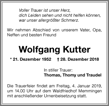 Traueranzeige von Wolfgang Kutter von Memminger Zeitung