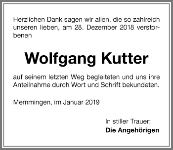 Traueranzeige von Wolfgang Kutter von Memminger Zeitung