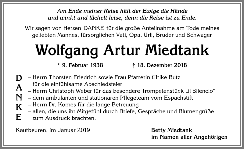  Traueranzeige für Wolfgang Artur Miedtank vom 12.01.2019 aus Allgäuer Zeitung, Kaufbeuren/Buchloe