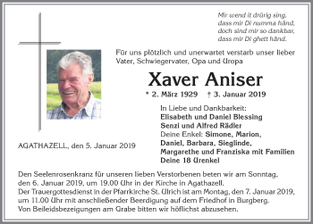 Traueranzeige von Xaver Aniser von Allgäuer Anzeigeblatt