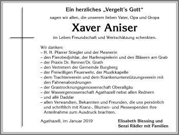 Traueranzeige von Xaver Aniser von Allgäuer Anzeigeblatt