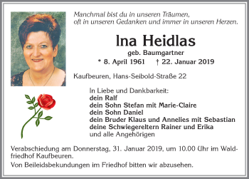 Traueranzeige von lna Heidlas von Allgäuer Zeitung, Kaufbeuren/Buchloe